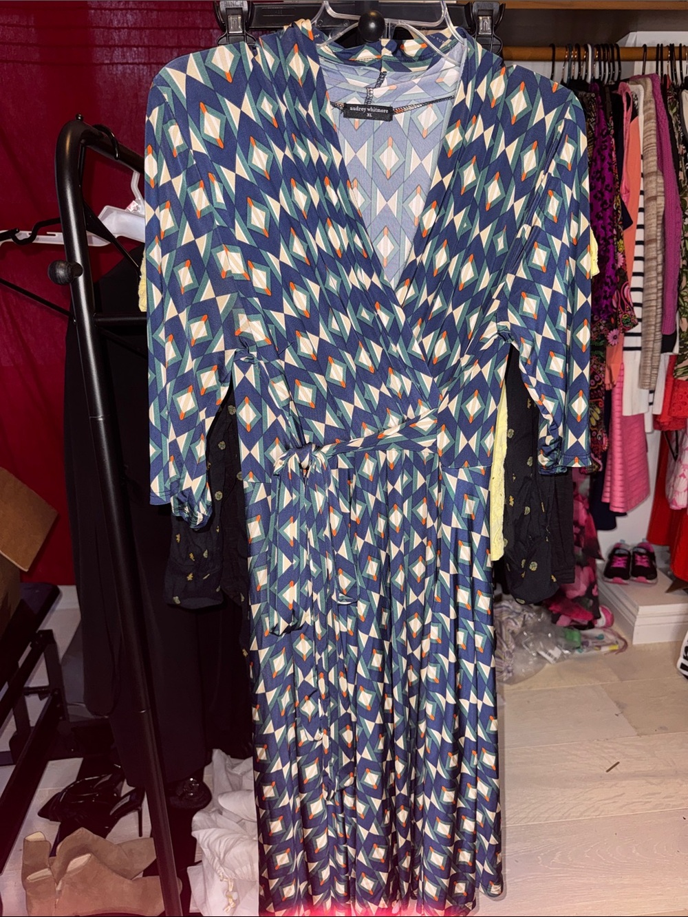 Audrey Whitmore Geo-Print Wrap Midi Dress with Self-Tie Waist